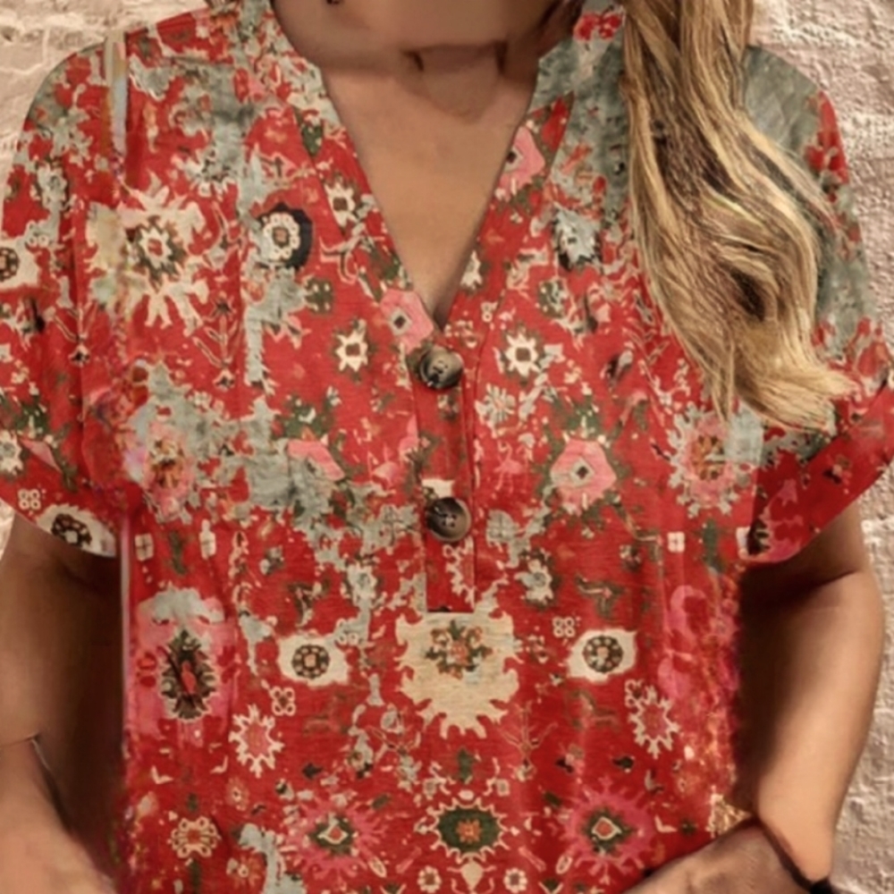 Red & Pink Button Accent V-neck Top Women